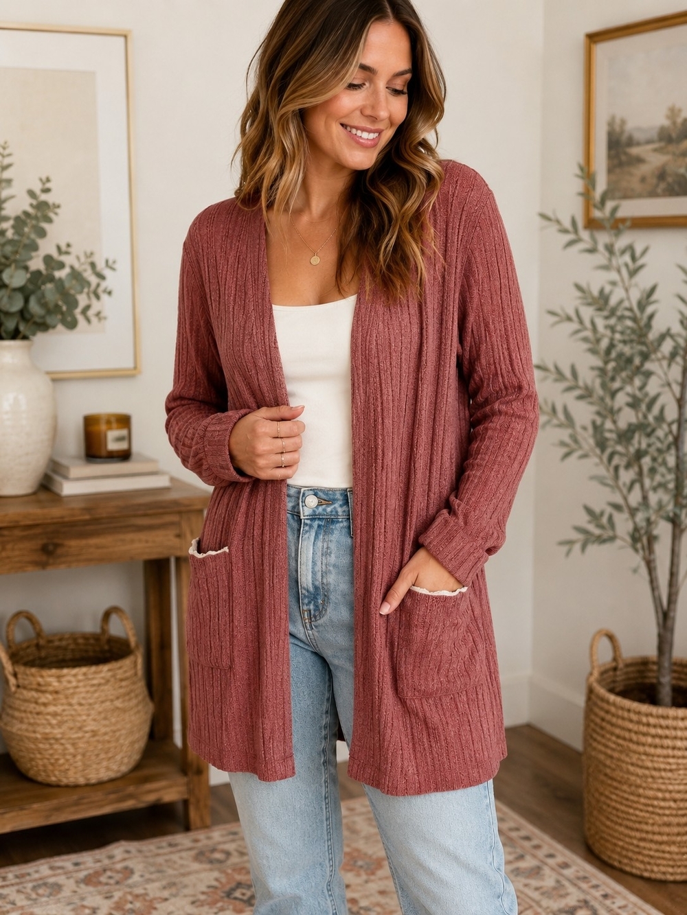 Blu Pepper Cozy Life Open Front Ribbed Cardigan Sweater Rust Mauve M NWT